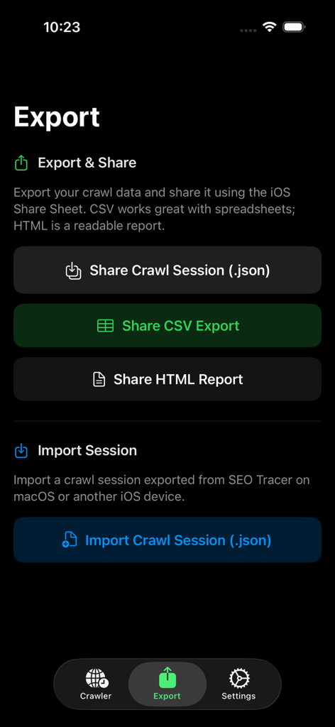 SEO Tracer: Site Audit - SEO Tracer app export screen showing options to share crawl sessions as JSON, CSV, or HTML reports and import sessions from other devices.