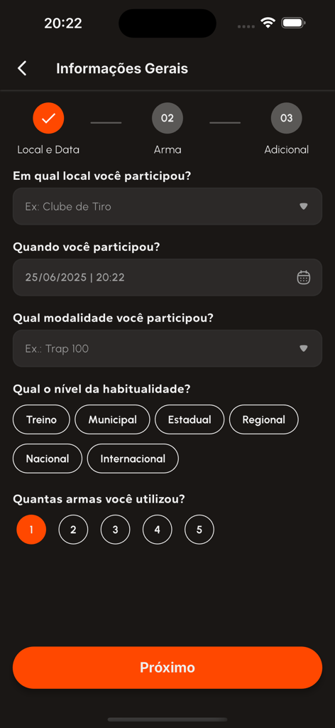 MyShooting - MyShooting mobile app screen showing a form to log a shooting session with fields for location date discipline and competition level