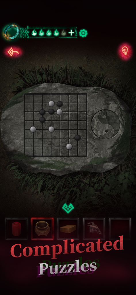 Paper Bride - A challenging stone board puzzle with black and white pieces and a yin yang symbol in the horror game Paper Bride