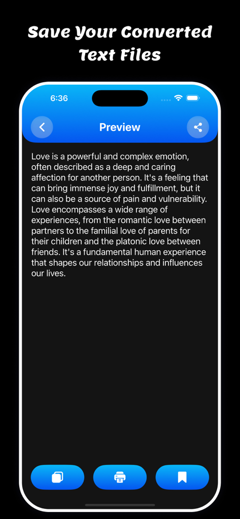 Speech To Text: Voice Notes - Pantalla de vista previa de la aplicación Texto a Voz que muestra opciones para copiar, imprimir y guardar texto convertido.
