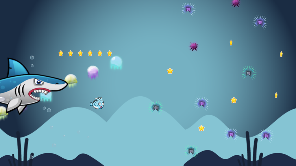 Un gran tiburón persiguiendo a un pequeño pez azul en un juego de arcade submarino con medusas y estrellas.