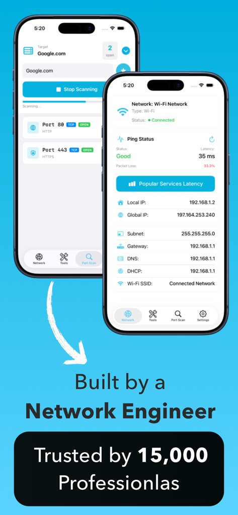 Pingers - Network Tools - Interfaccia dell'app Pingers che mostra la scansione delle porte e lo stato della rete su iPhone