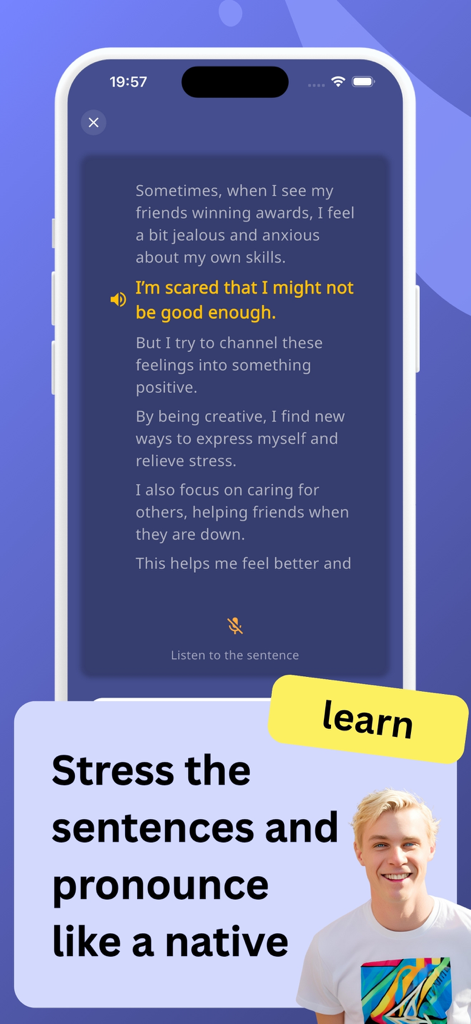 Hala: Speak English with AI - Hala app interface showing sentence stress and pronunciation practice to sound like a native speaker