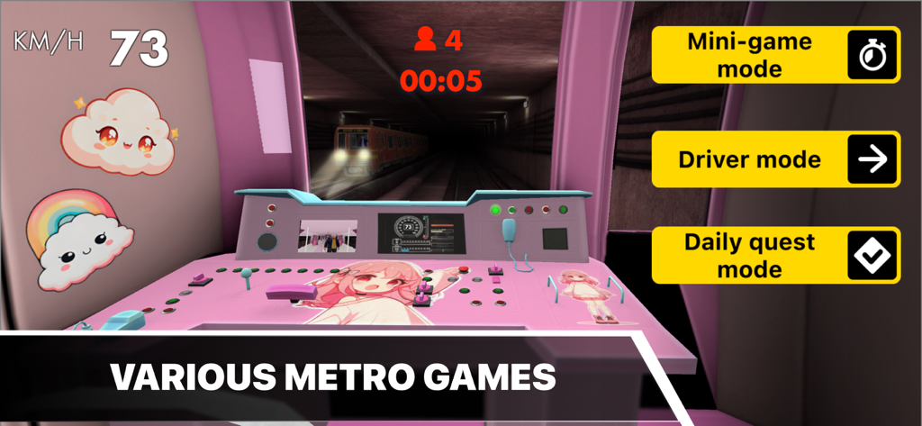Una cabina de tren rosa personalizada en el juego Metro de Viena que muestra diferentes modos de juego