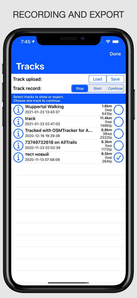 Offline Maps: GPS Tracker GPX - Oberfläche zeigt eine Liste aufgezeichneter GPS-Tracks mit Optionen zum Starten, Stoppen und Exportieren von GPX-Dateien in der Offline Maps App