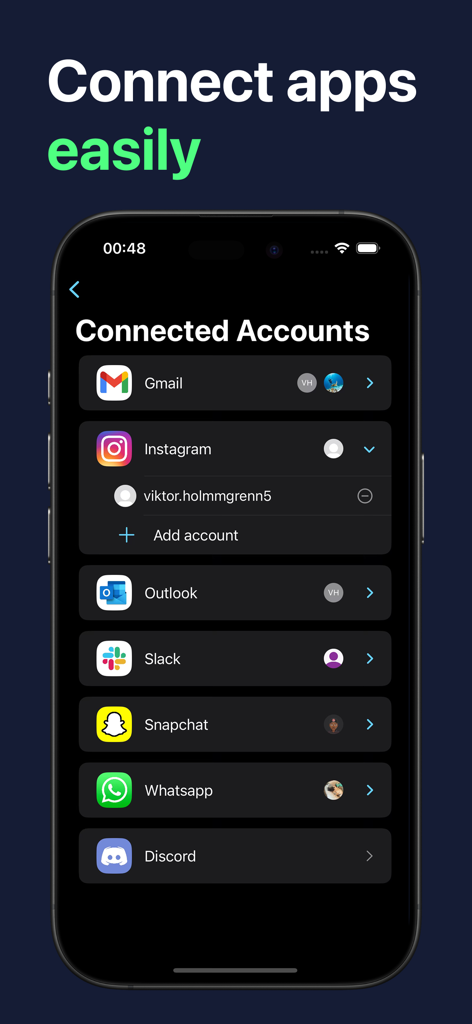 Handy-Bildschirm, der die Benutzeroberfläche der Unora-App mit einer Liste verbundener Nachrichten- und E-Mail-Konten wie Gmail, Instagram und Slack zeigt