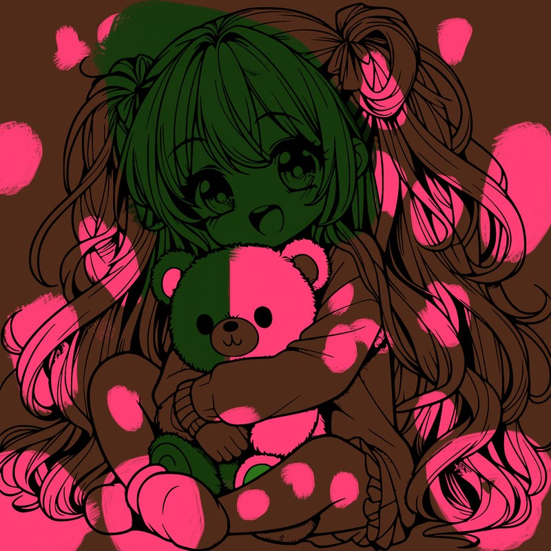 manga girl, long curly hair, happy, cuddling a teddy bear