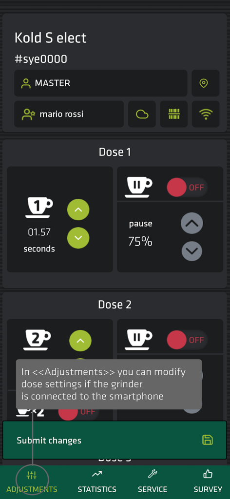 Mazzer app interface showing dose adjustment settings for a coffee grinder with options for grinding time and pause duration