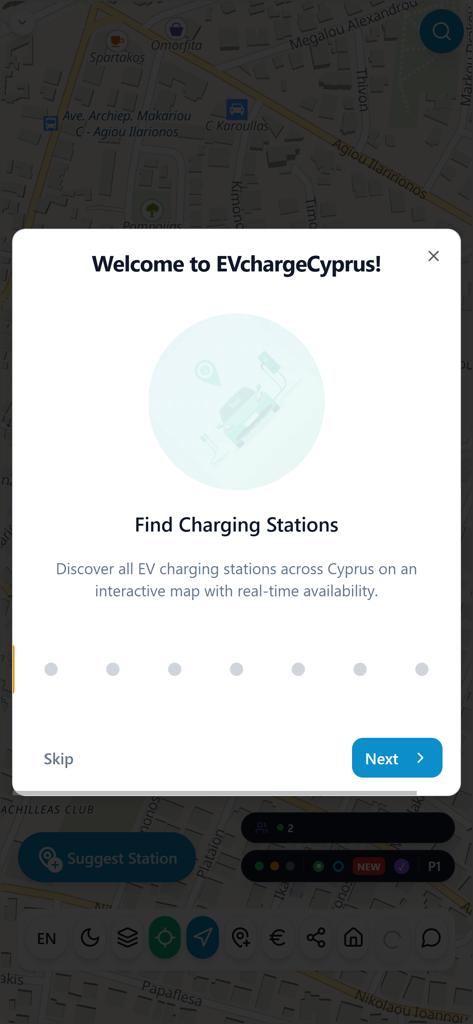 EVchargeCyprus - Welcome screen for the EVchargeCyprus app showing the find charging stations feature
