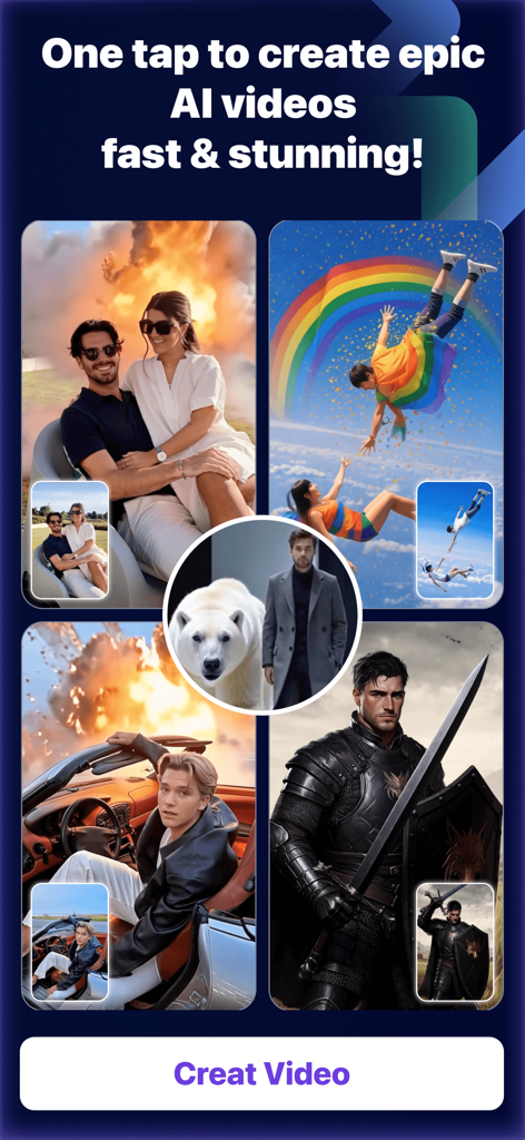 SnapVibe-AI video Generator - SnapVibe app display showing AI video transformations from photos with cinematic effects and transitions