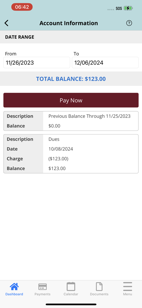 Tela de Informações da Conta no aplicativo PARAGON FS mostrando o saldo das taxas da associação comunitária e um botão de pagamento agora.