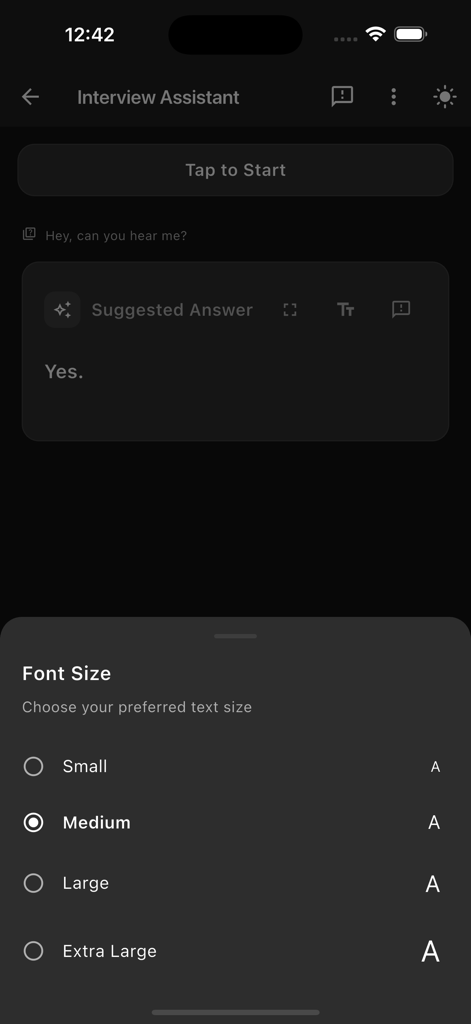 Interview Ai Assistant - Menú de selección de tamaño de fuente en la aplicación Asistente de Entrevistas IA que muestra opciones de texto pequeño, mediano, grande y extra grande