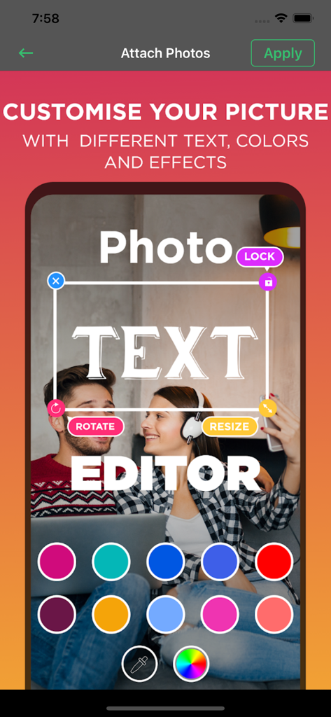 Captura de tela do aplicativo Editor de Texto Tuba mostrando ferramentas de edição de texto e paleta de cores em uma foto.