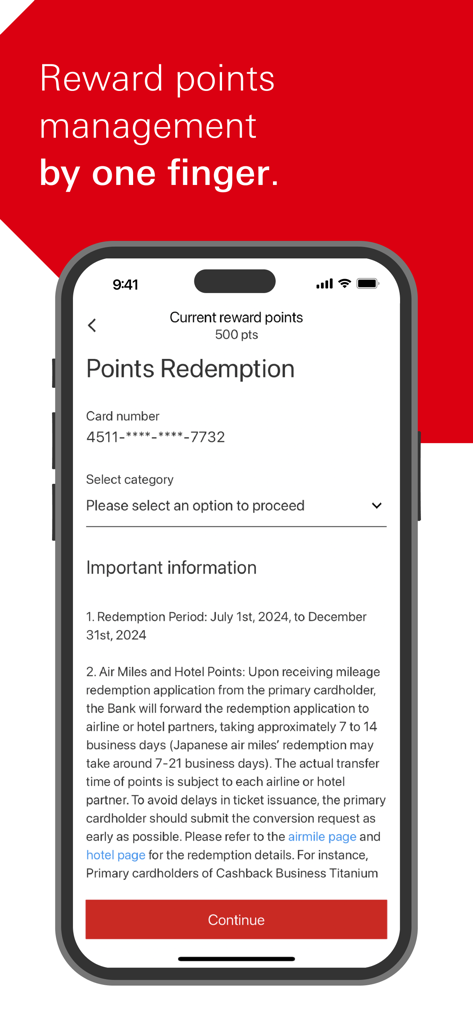 HSBC(TW) Credit Card - Una interfaz móvil para la aplicación de la tarjeta de crédito HSBC Taiwán que muestra la pantalla de canje de puntos con los puntos de recompensa actuales y los detalles del canje.