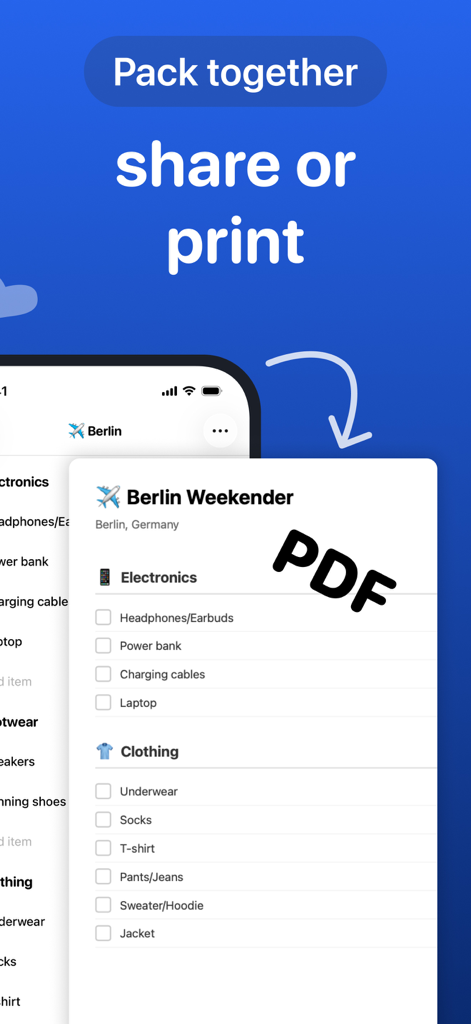 Una funzionalità che mostra come condividere o stampare una lista di imballaggio come documento PDF dall'app Packo.
