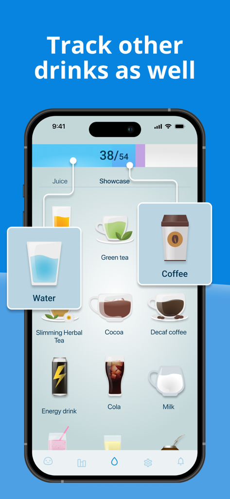 Interface of the Water Time app showing various beverage tracking options like water coffee and tea