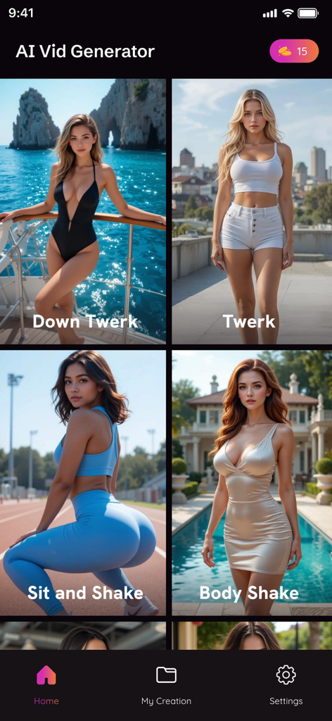 AI Twerk Video:Pic to Twerkify - Home screen of the AI Twerk Video app displaying various dance animation options like Twerk and Body Shake