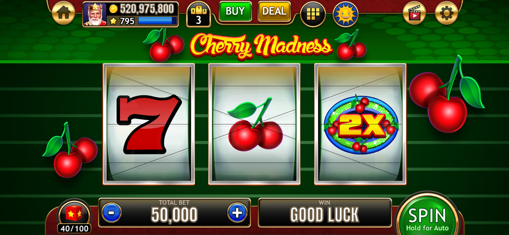 777 Classic Slots Galaxy - Gameplay of Cherry Madness three reel slot machine with a red seven and cherry symbols