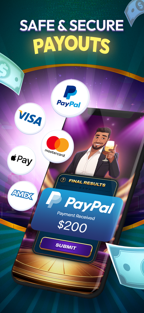 Blackout Blackjack - Real Cash - ブラックアウト・ブラックジャックのアプリインターフェース、PayPal、Visa、Mastercard、Apple Payのロゴが付いた安全で確実な支払いが表示されている