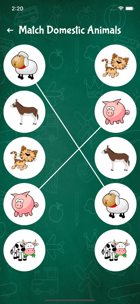 Match It - Fun Learning Game - A matching game screen from the Match It app showing domestic animals like sheep and donkeys connected by lines on a green background.