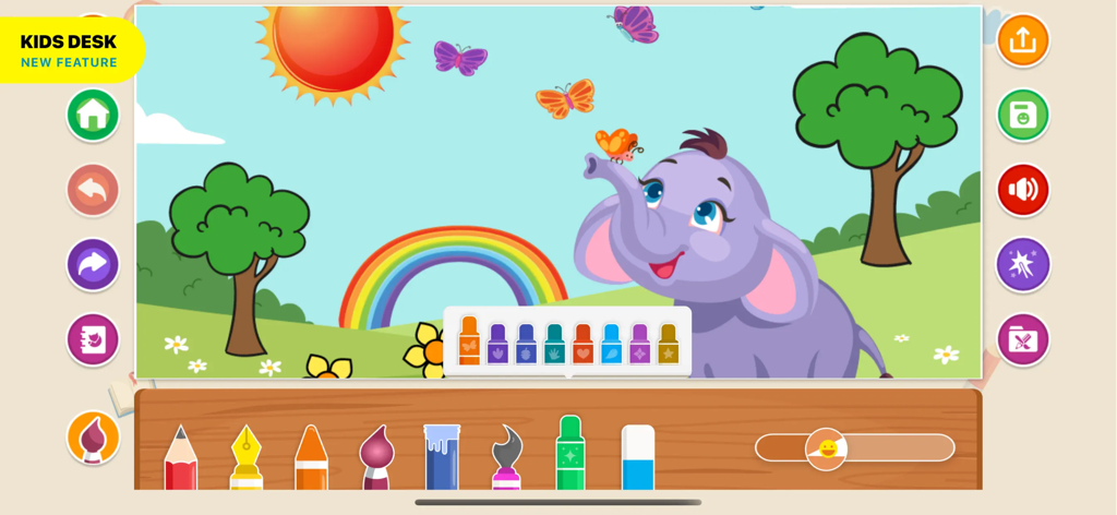 Drawing ▫ - Interface da Mesa Infantil do aplicativo Drawing com um elefante de desenho animado colorido e ferramentas artísticas