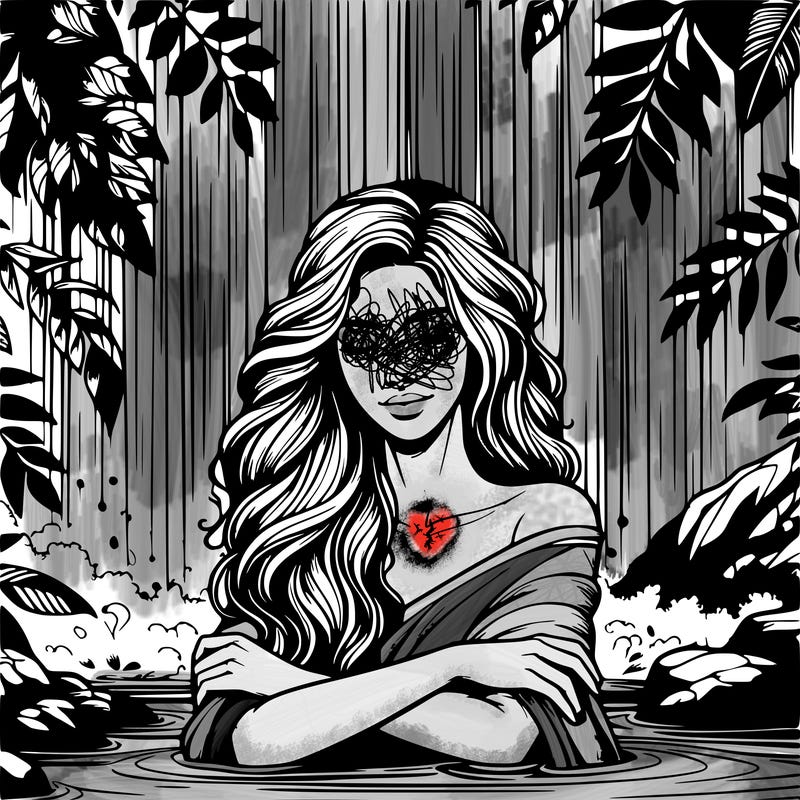 realistic female model under waterfall