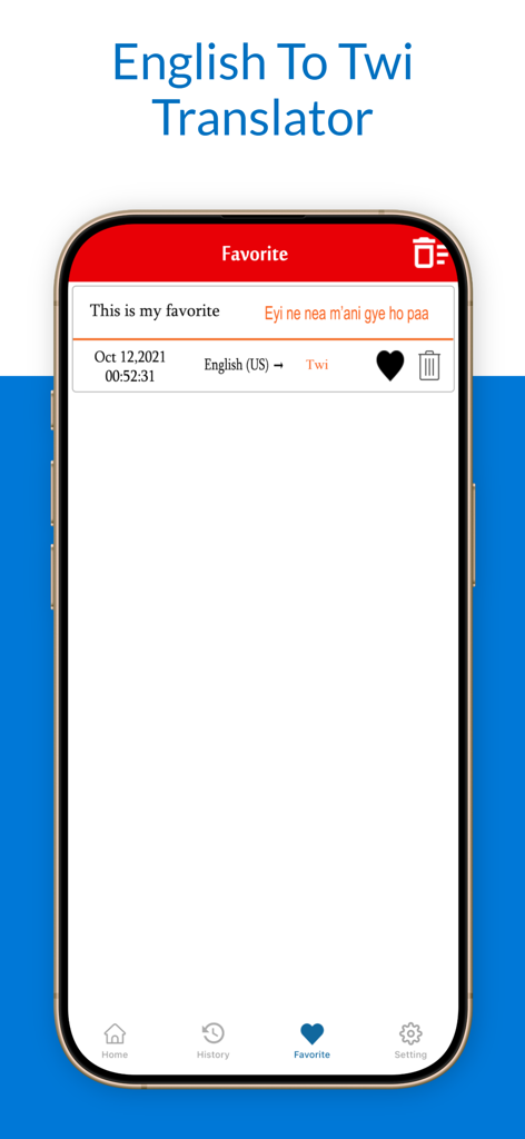 English To Twi Translator - Pantalla de Favoritos de la aplicación Traductor de Inglés a Twi mostrando una traducción guardada