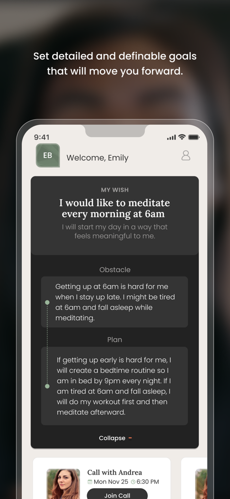 Noble. - Smartphone screen of the Noble app showing a detailed goal setting interface for morning meditation with obstacles and action plans.