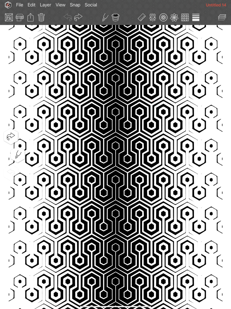 Geometrica - Un complejo patrón hexagonal en blanco y negro con grosor de línea degradado creado en la aplicación de dibujo Geometrica.