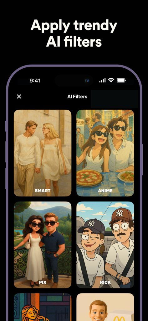 AI Canvas - AI Image Generator - Smartphone screen showing different AI photo filters including anime and cartoon styles