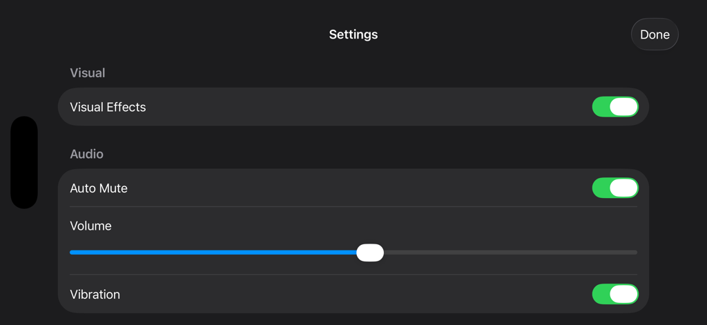 Pantalla de configuración de la aplicación Gangsa que muestra efectos visuales y opciones de audio como muteado automático y volumen