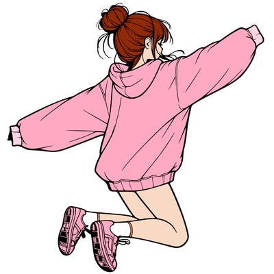realistic girl jumping with a bun and oversized sweatshirt