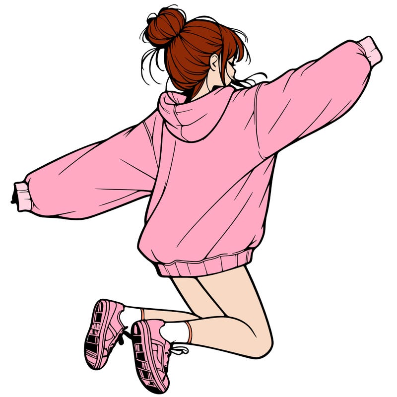 realistic girl jumping with a bun and oversized sweatshirt