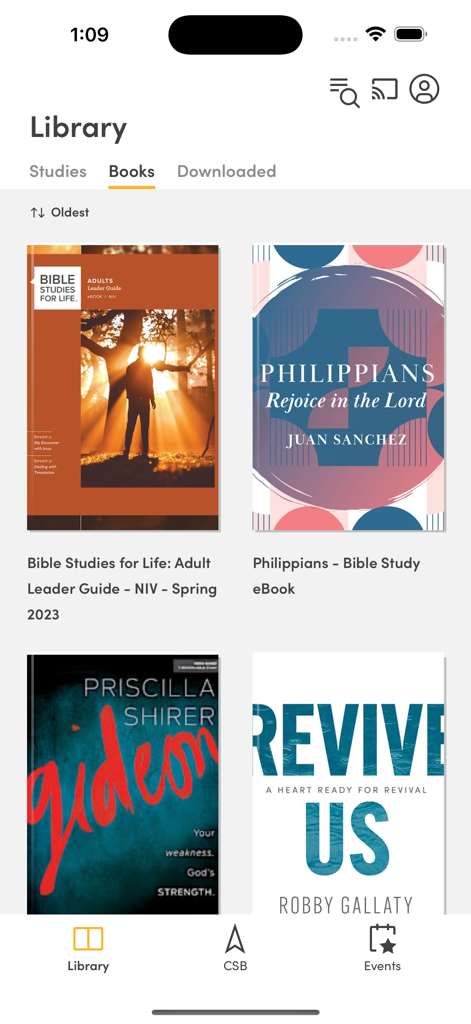 Lifeway On Demand - The eBook library section of the Lifeway On Demand app featuring various Bible studies and leader guides.