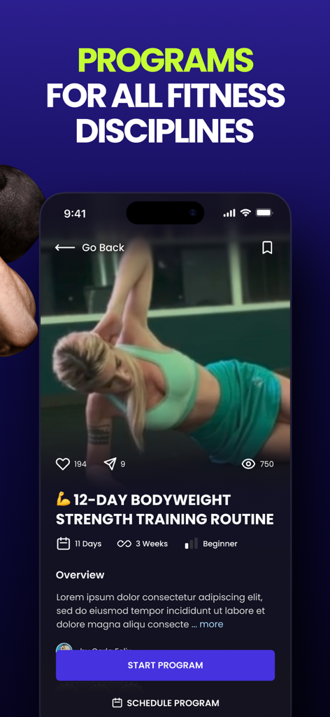Onemor: Workout & Fitness App - Captura de pantalla de la app Onemor que muestra una rutina de entrenamiento de fuerza de 12 días con peso corporal para principiantes.