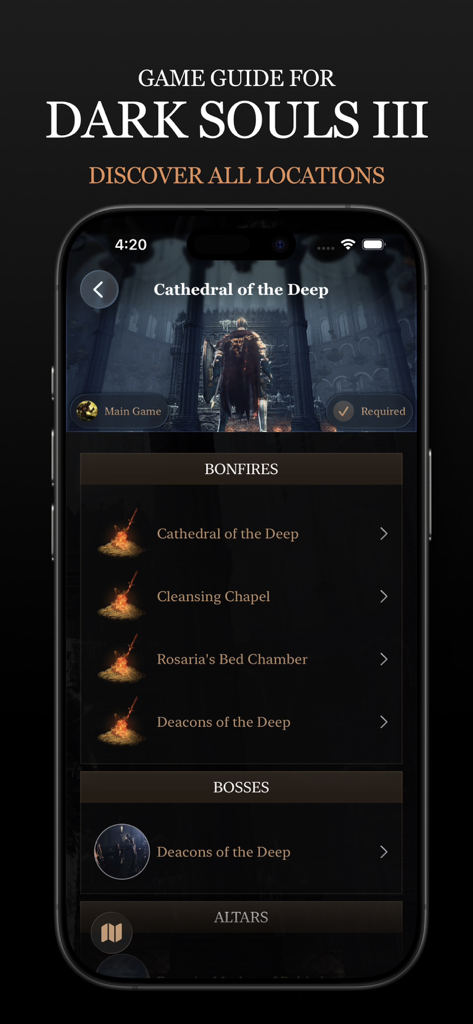 Game Guide for Dark Souls III - Interface of Dark Souls III Game Guide app showing bonfires and bosses in the Cathedral of the Deep area