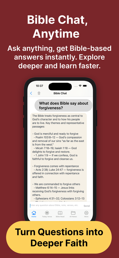 Bible Note Taker, Record, Chat - Bible Chat interface showing an AI response to a question about forgiveness with scripture references