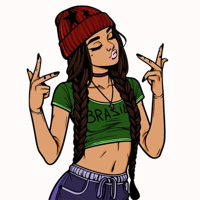 realistic teenage girl with braids and a beanie and crop top doing 🫶🏼