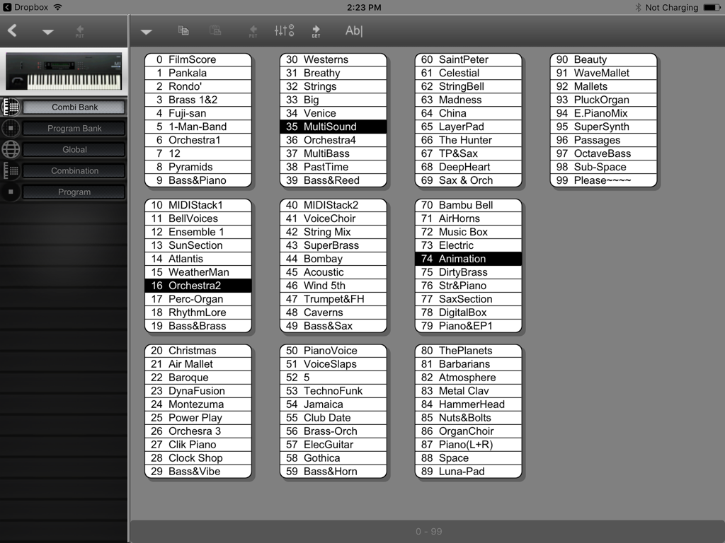 Interfaz de la aplicación Midi Quest Essentials mostrando un banco de 100 parches de sonido MIDI para un sintetizador de hardware.