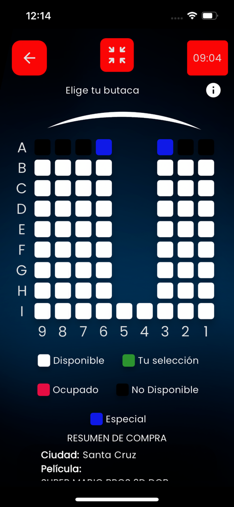Cine Center Bolivia - Cine Center Bolivia movie theater seat selection screen showing available and occupied seats.