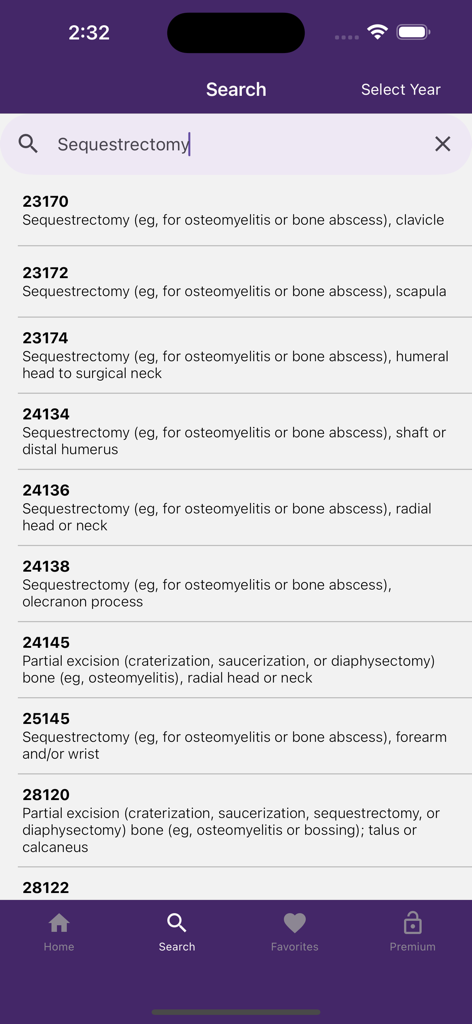 CPT QuickRef - CPT QuickRefアプリの検索インターフェース。血腫摘出術の医療処置コードが表示されています。