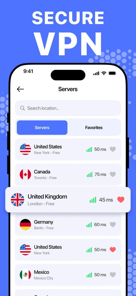 Schermata dell'app mobile che mostra un elenco di server VPN globali con i loro indicatori di qualità della connessione