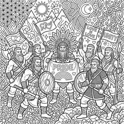 Join a band of fierce fantasy barbarians as they proudly march for love and unity in this epic coloring page. Featuring symbols of Pride, intricate patterns, and powerful warriors, it's a celebration of diversity for your creative spirit.