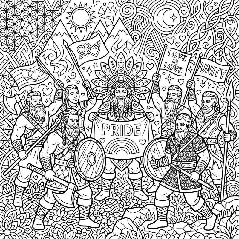 Join a band of fierce fantasy barbarians as they proudly march for love and unity in this epic coloring page. Featuring symbols of Pride, intricate patterns, and powerful warriors, it's a celebration of diversity for your creative spirit.