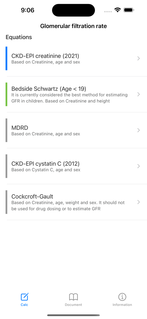 Screenshot of the GFR Calculator app showing various kidney function calculation formulas like CKD-EPI and Bedside Schwartz
