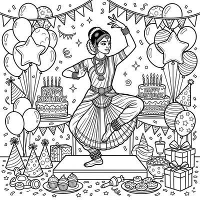 Immerse yourself in a vibrant celebration with this unique coloring page featuring a graceful Bharatanatyam dancer. Perfect for adding a touch of cultural elegance to any birthday festivity.