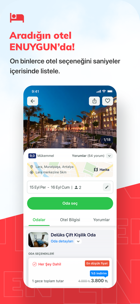 ENUYGUN: Uçak Otel Otobüs Araç - ENUYGUN Mobile App-Oberfläche, die Details zur Hotelreservierung für ein Deluxe-Zimmer in der Türkei anzeigt