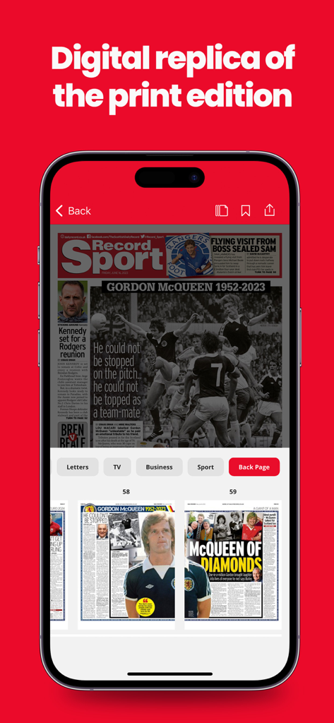 Daily Record Newspaper App showing a digital replica of the print edition sports page on a smartphone screen