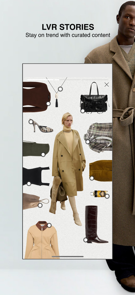 Capture d'écran de l'application LUISAVIAROMA affichant LVR Stories avec une sélection soignée de vêtements et accessoires de créateurs