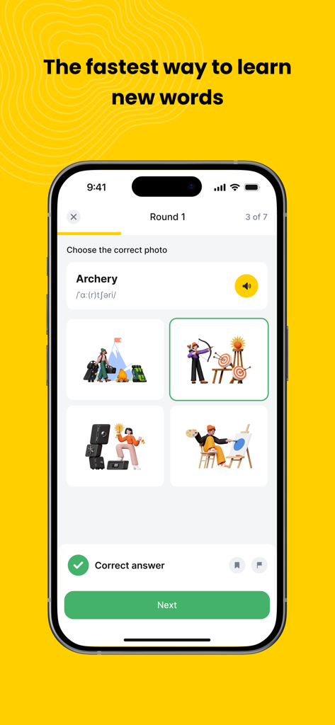 A vocabulary quiz interface in the Inter Nation Student app where a user identifies the correct image for the word archery